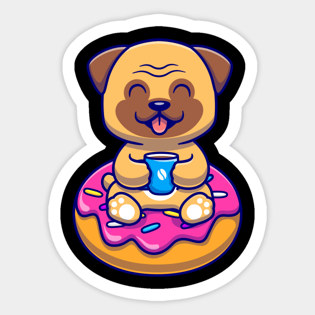 Cute Pug Dog With Coffee And Doughnut Cartoon Sticker by Catalyst Labs